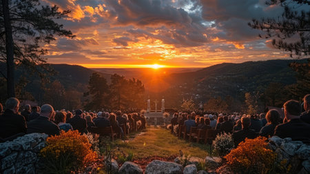 A peaceful sermon during a sunrise gathering at a hilltop church, attended by a large congregationの素材