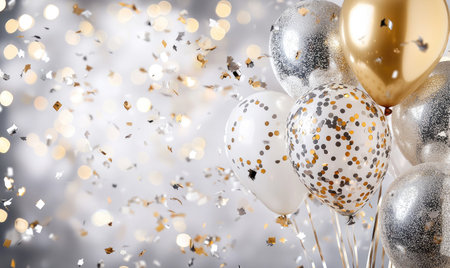 A glamorous scene of gold and silver balloons surrounded by falling confetti, perfect for festive occasions.の素材