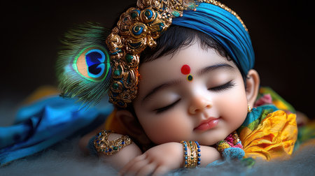 A serene depiction of baby Lord Krishna peacefully sleeping with a peacock feather, symbolizing divine innocence and purity.の素材