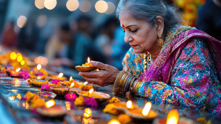An elderly Indian woman participates in Diwali rituals with devotion.の素材