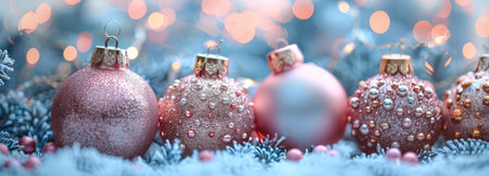 Elegant pastel-colored Christmas ornaments against a soft bokeh background with ample copy space for text.の素材