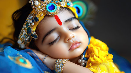 A serene depiction of baby Lord Krishna peacefully sleeping with a peacock feather, symbolizing divine innocence and purity.の素材