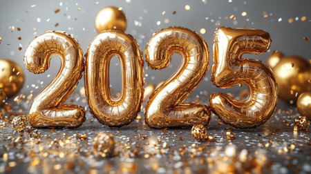 Festive New Year scene featuring golden balloons forming 2025 surrounded by confetti, perfect for seasonal promotions and holiday marketing.の素材