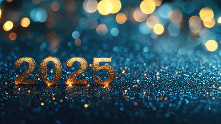 Golden 2025 numbers sparkling on a blue bokeh background, ideal for New Year's celebrations and holiday decor.の素材