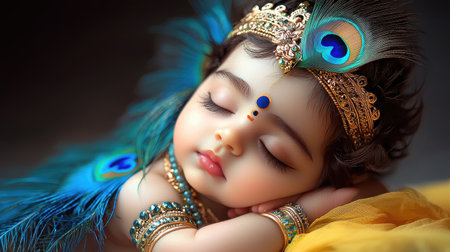 A serene depiction of baby Lord Krishna peacefully sleeping with a peacock feather, symbolizing divine innocence and purity.の素材