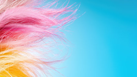A close-up of flowing hair creatively colored in vibrant pastel shades of pink and orange against a blue background.の素材