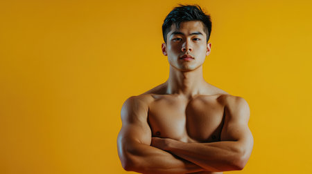 A muscular Asian male with a serious expression displays confidence and strength against a yellow background.の素材