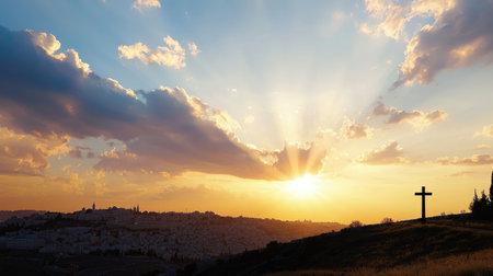 A dramatic silhouette of a cross at sunset over Jerusalem, symbolizing faith and resurrection.の素材