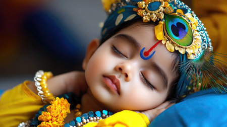 A serene depiction of baby Lord Krishna peacefully sleeping with a peacock feather, symbolizing divine innocence and purity.の素材