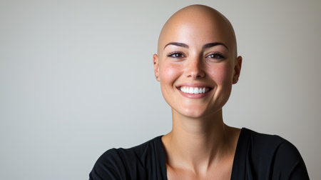 A close-up portrait of a smiling bald female cancer patient, radiating positivity.の素材