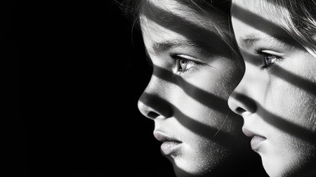 A striking black-and-white portrait of twins, where sharp shadows create a powerful sense of mysticism and emotional intensityの素材