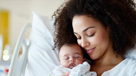Tender moment as a young African American mother cradles her newborn.の素材