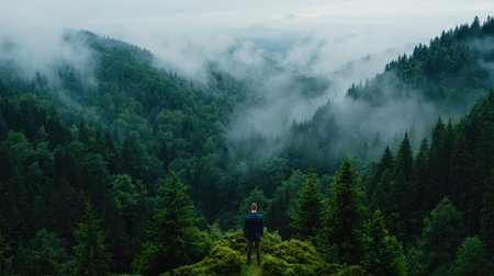 A lone hiker stands amidst the misty forest mountains, embracing nature's tranquility.の素材