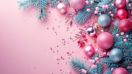 A festive arrangement of pastel-colored Christmas ornaments and decorations on a pink background, offering ample copy space.の素材