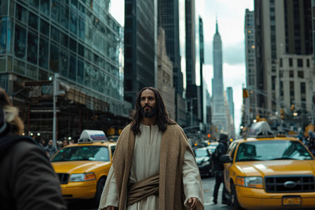 Jesus Christ walking solemnly through a crowded modern city street, symbolizing divine presence in everyday lifeの素材