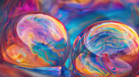 This image captures the ethereal beauty of vibrant, iridescent soap bubbles in a close-up abstract composition.の素材