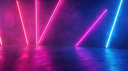 A sleek and vibrant background featuring intersecting neon lights in pink and blue, creating a dynamic and futuristic ambiance.の素材