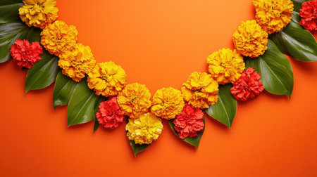 A vibrant display of traditional Indian marigold garlands and mango leaves on an orange background, perfect for Diwali, Pongal, or Gudi Padwa celebrations.の素材