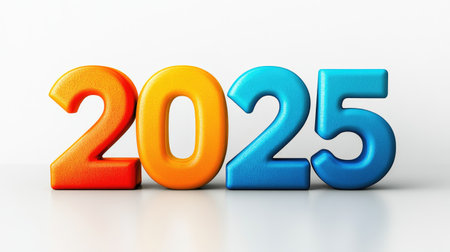 Bright orange and blue numbers '2025' on a white background, celebrating the New Year.の素材