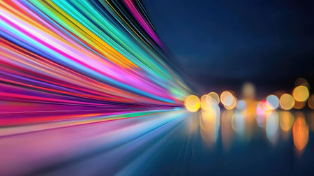 Vibrant laser light streaks overlay a blurred cityscape bokeh, creating a dynamic and visually striking abstract scene at night.の素材