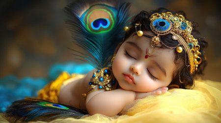 A serene depiction of baby Lord Krishna peacefully sleeping with a peacock feather, symbolizing divine innocence and purity.の素材