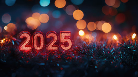 Red 2025 numbers glowing against a dark bokeh background, perfect for New Year's and festive celebrations.の素材