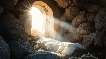 A photorealistic depiction of the empty tomb of Jesus Christ, illuminated by divine light.の素材