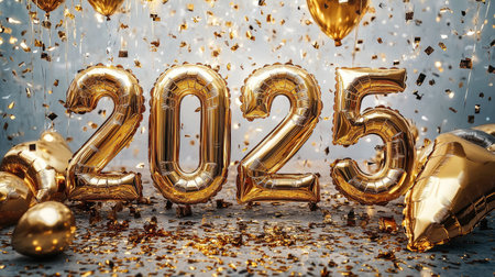 Festive New Year scene featuring golden balloons forming 2025 surrounded by confetti, perfect for seasonal promotions and holiday marketing.の素材