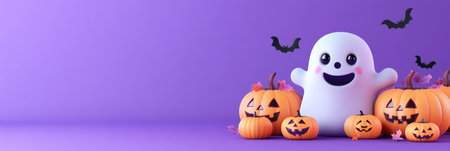 Playful Halloween scene featuring a cute ghost surrounded by pumpkins and bats on a vibrant purple background, perfect for seasonal promotions and marketing.の素材