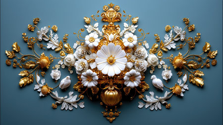 A meticulously crafted golden baroque floral sculpture, serving as a sophisticated wall art piece with ornate details and elegant design.の素材