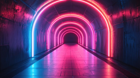 A vivid neon-lit tunnel reflects on a wet surface, creating a moody and atmospheric urban scene.の素材