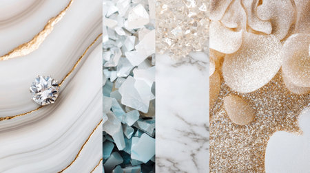 A luxurious collage featuring elegant materials like marble, gold, and sparkling diamonds, perfect for high-end design projects.の素材