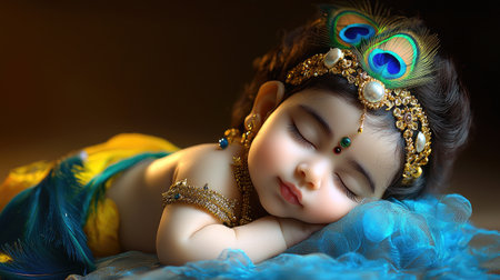 A serene depiction of baby Lord Krishna peacefully sleeping with a peacock feather, symbolizing divine innocence and purity.の素材