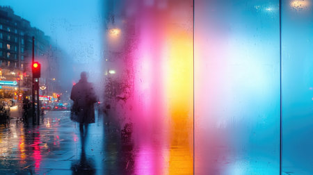 A solitary figure walks on a rainy city street, bathed in the vibrant glow of neon lights reflected on wet surfaces.の素材