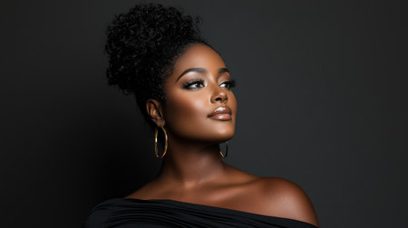 Stunning portrait of a confident, young plus-size African American model in a stylish setting.の素材