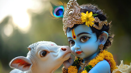 Adorable depiction of baby Lord Krishna lovingly posing with a sacred cow, symbolizing divine love and purity.の素材