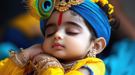 A serene depiction of baby Lord Krishna peacefully sleeping with a peacock feather, symbolizing divine innocence and purity.の素材