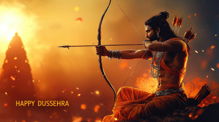 Lord Shri Ram aims his bow in a symbolic representation of Dussehra, the festival of victory over evil.の素材
