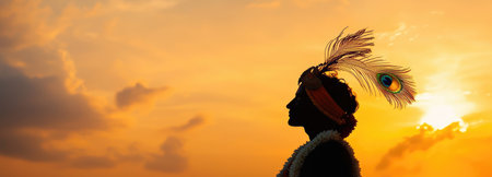 A serene silhouette of Hindu god Lord Krishna adorned with a peacock feather against a vibrant sunset, ideal for Janmashtami and Govardhan Puja celebrations.の素材