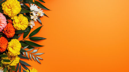 A vibrant display of traditional Indian marigold garlands and mango leaves on an orange background, perfect for Diwali, Pongal, or Gudi Padwa celebrations.の素材