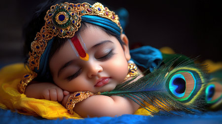 A serene depiction of baby Lord Krishna peacefully sleeping with a peacock feather, symbolizing divine innocence and purity.の素材