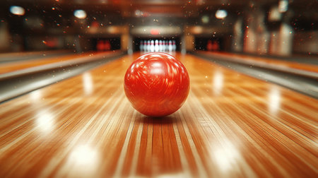 A captivating 3D rendering of a bowling ball rolling down a brightly lit lane, approaching the pins with dynamic energy.の素材
