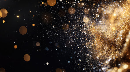 Abstract glowing golden light particles with bokeh and flare on a black background, perfect for holiday invitations or festive designs.の素材