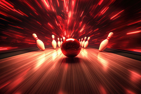 A powerful 3D rendering of a bowling ball hitting pins with intense red motion trails in a vibrant bowling alley.の素材