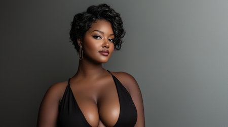Stunning portrait of a confident, young plus-size African American model in a stylish setting.の素材