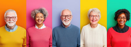 A series of headshots showing happy, diverse senior citizens, perfect for illustrating positive aging and community life in retirement settings.の素材