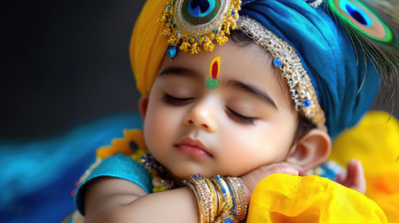 A serene depiction of baby Lord Krishna peacefully sleeping with a peacock feather, symbolizing divine innocence and purity.の素材