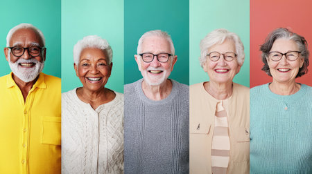A series of headshots showing happy, diverse senior citizens, perfect for illustrating positive aging and community life in retirement settings.の素材