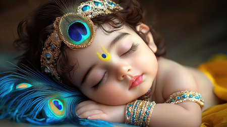 A serene depiction of baby Lord Krishna peacefully sleeping with a peacock feather, symbolizing divine innocence and purity.の素材