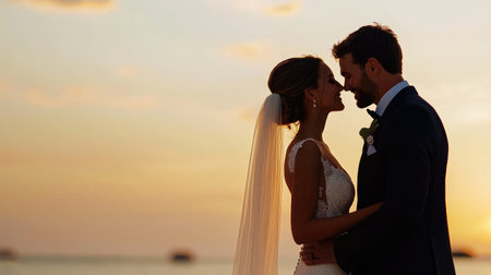 An elegant bride and groom share a tender moment at their sunset beach wedding.の素材
